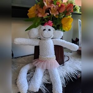 White Plush Monkey with Pink Tutu and Bow